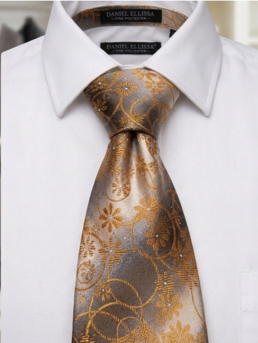 Daniel Ellissa Men's Baroque Floral Tie - Gold Bronze Metallic Jacquard EUC